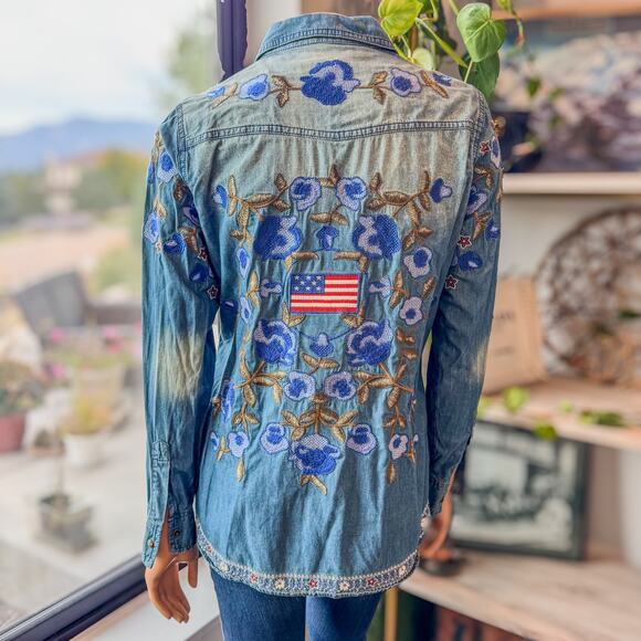 Tasha Polizzi Collection, Embroidered Denim Revolution Shirt, Women's Medium - Picture 1 of 12
